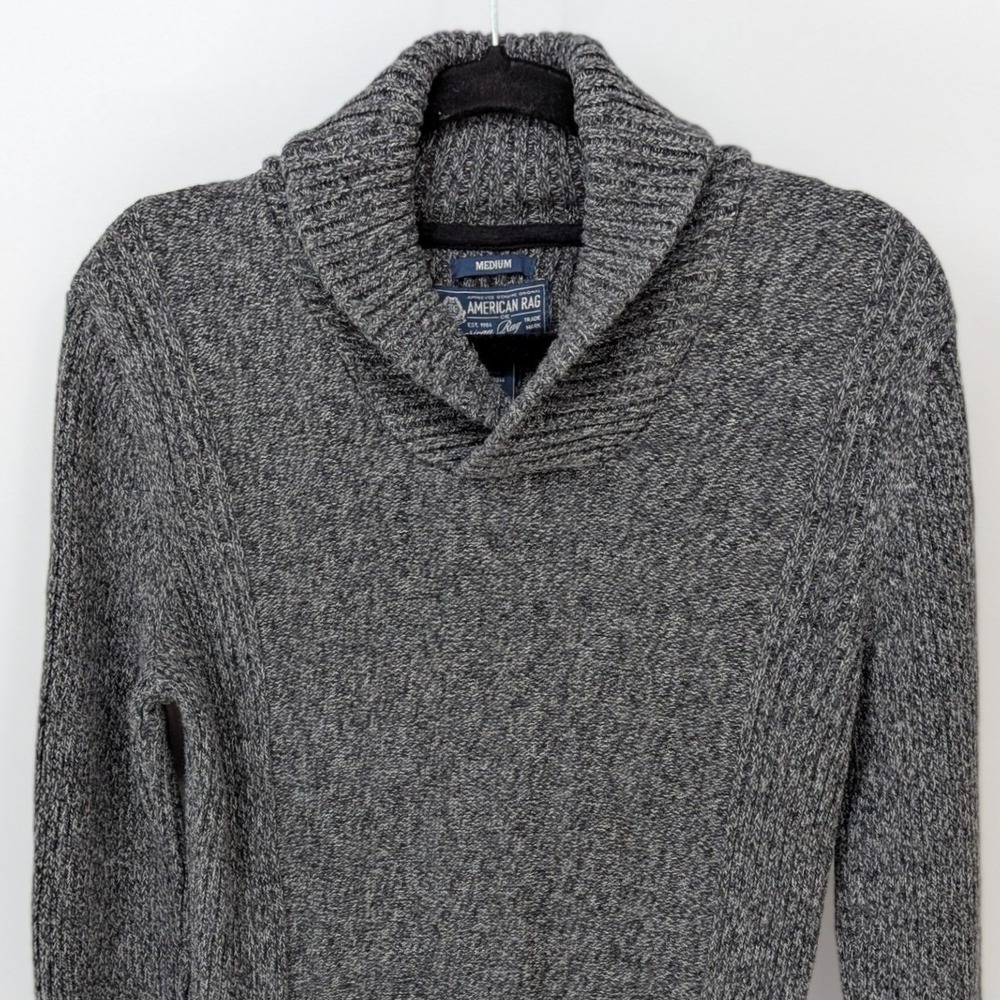 American Rag Medium Shawl Collar 100% Cotton Gray Heather Ribbed Sleeve Sweater
